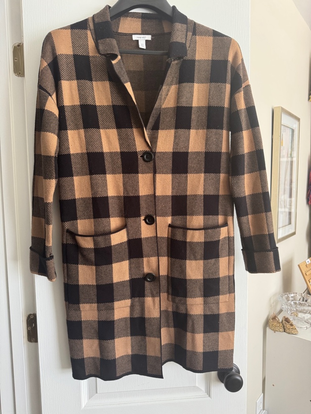 Nine West Black and Tan Buffalo Plaid Trench Coat
